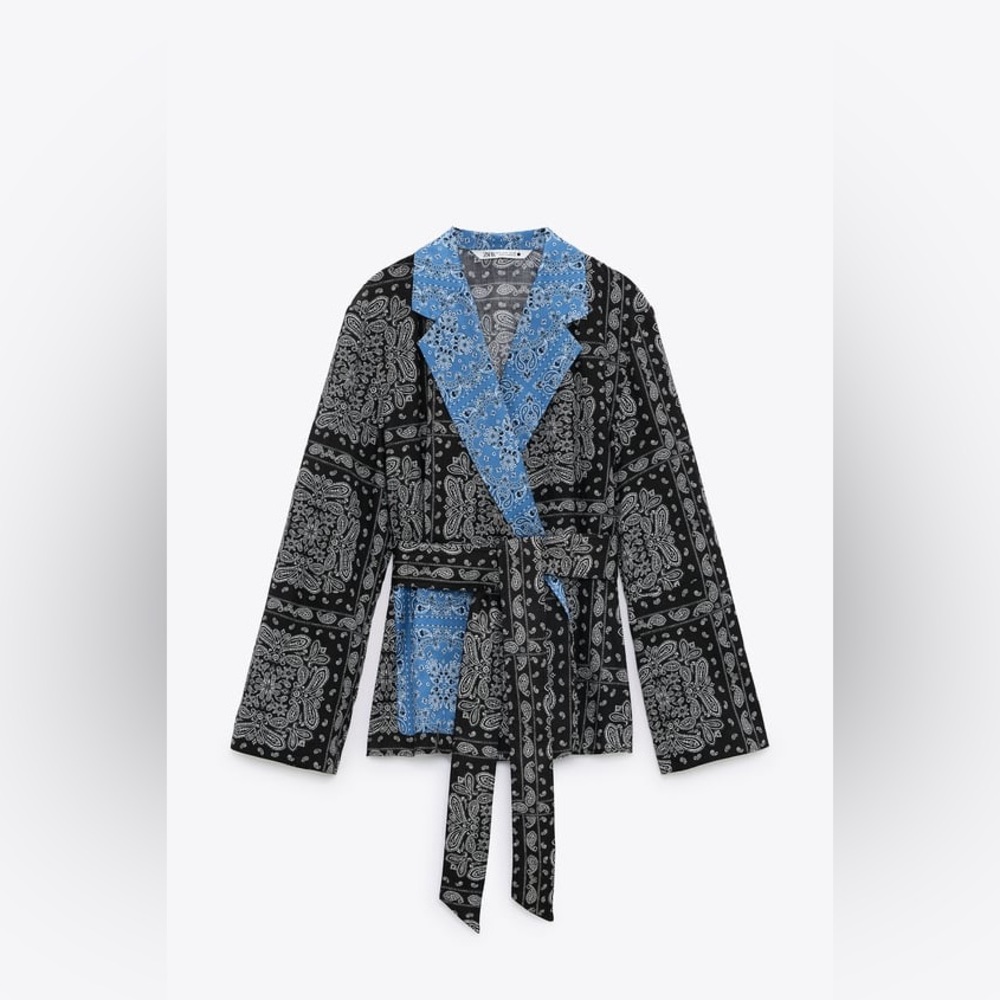 NWT Zara Paisley Printed Black & Blue Wrap Blouse